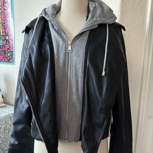 Faux leather jacket with detachable hood.
